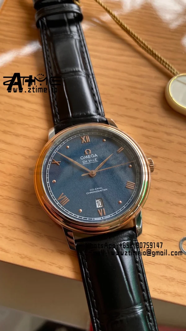 OMEGA De Ville Prestige 39.5mm RG/SS A+F 1:1 Best Edition Blue Granular Dial RG Markers on Black Leather Strap A2500 - Super Clone Watch | 1:1 Best Version