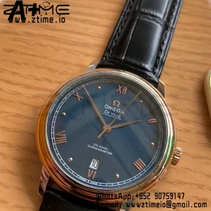 OMEGA De Ville Prestige 39.5mm RG/SS A+F 1:1 Best Edition Blue Granular Dial RG Markers on Black Leather Strap A2500 - Super Clone Watch | 1:1 Best Version