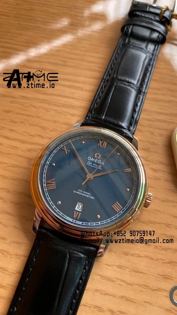 OMEGA De Ville Prestige 39.5mm RG/SS A+F 1:1 Best Edition Blue Granular Dial RG Markers on Black Leather Strap A2500 - Super Clone Watch | 1:1 Best Version
