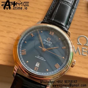 OMEGA De Ville Prestige 39.5mm RG/SS A+F 1:1 Best Edition Blue Granular Dial RG Markers on Black Leather Strap A2500 - Super Clone Watch | 1:1 Best Version