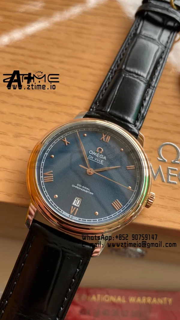 OMEGA De Ville Prestige 39.5mm RG/SS A+F 1:1 Best Edition Blue Granular Dial RG Markers on Black Leather Strap A2500 - Super Clone Watch | 1:1 Best Version