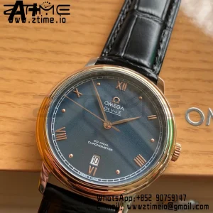 OMEGA De Ville Prestige 39.5mm RG/SS A+F 1:1 Best Edition Blue Granular Dial RG Markers on Black Leather Strap A2500 - Super Clone Watch | 1:1 Best Version