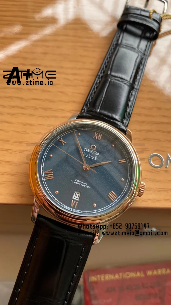 OMEGA De Ville Prestige 39.5mm RG/SS A+F 1:1 Best Edition Blue Granular Dial RG Markers on Black Leather Strap A2500 - Super Clone Watch | 1:1 Best Version