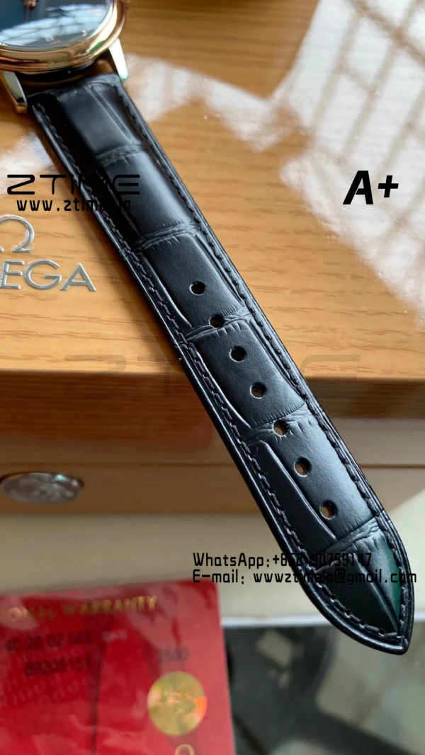 OMEGA De Ville Prestige 39.5mm RG/SS A+F 1:1 Best Edition Blue Granular Dial RG Markers on Black Leather Strap A2500 - Super Clone Watch | 1:1 Best Version