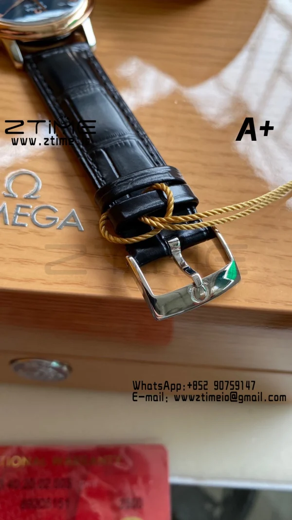 OMEGA De Ville Prestige 39.5mm RG/SS A+F 1:1 Best Edition Blue Granular Dial RG Markers on Black Leather Strap A2500 - Super Clone Watch | 1:1 Best Version