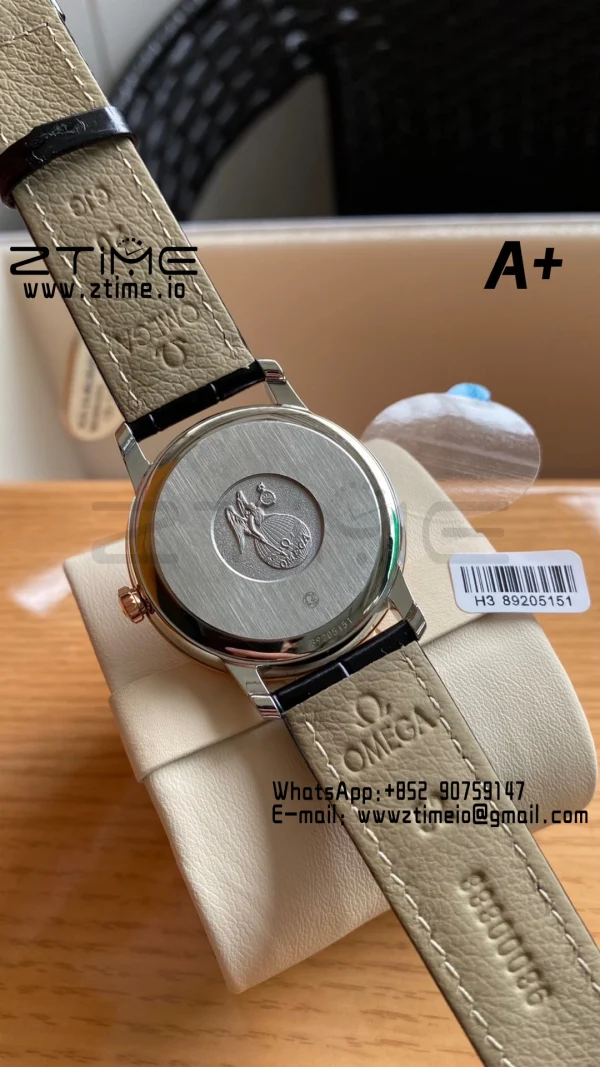 OMEGA De Ville Prestige 39.5mm RG/SS A+F 1:1 Best Edition Blue Granular Dial RG Markers on Black Leather Strap A2500 - Super Clone Watch | 1:1 Best Version