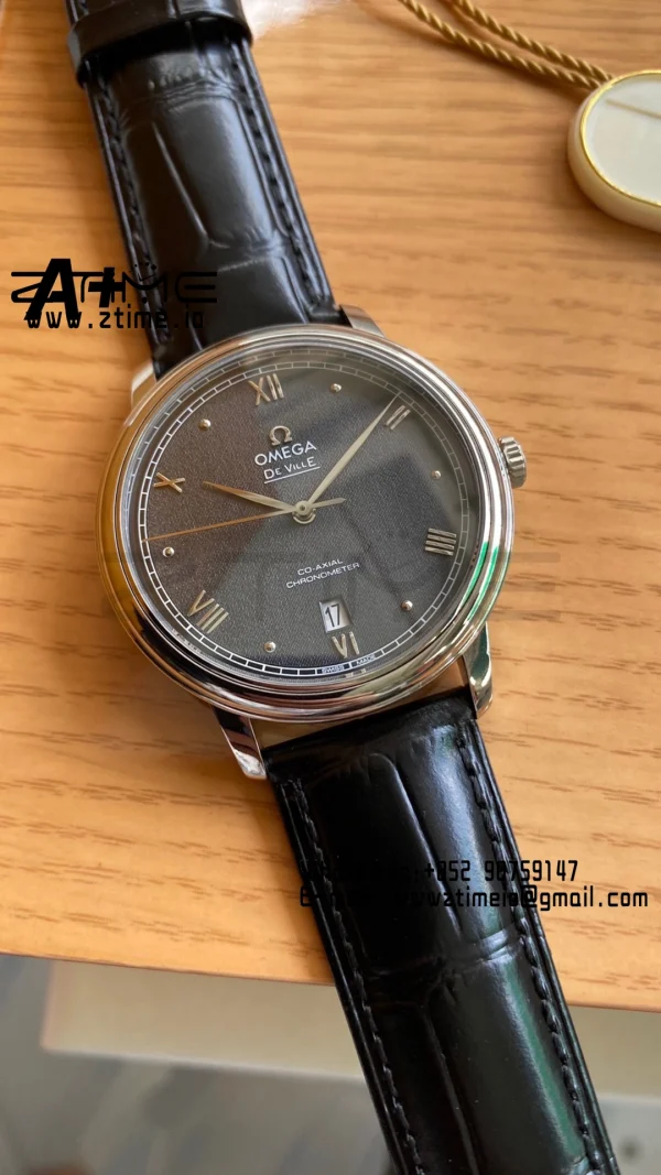 OMEGA De Ville Prestige 39.5mm SS A+F 1:1 Best Edition Black Granular Dial Silver Markers on Black Leather Strap A2500 - Super Clone Watch | 1:1 Best Version