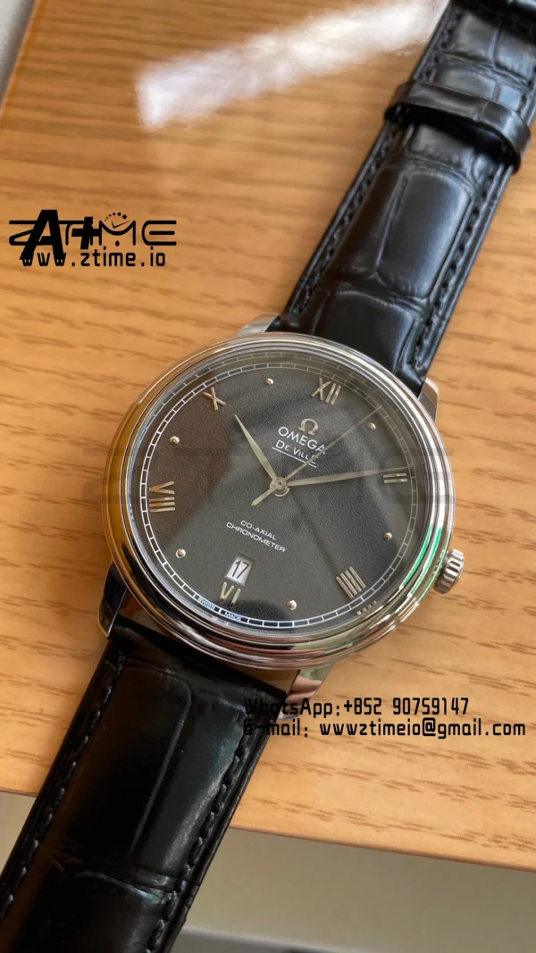 OMEGA De Ville Prestige 39.5mm SS A+F 1:1 Best Edition Black Granular Dial Silver Markers on Black Leather Strap A2500 - Super Clone Watch | 1:1 Best Version