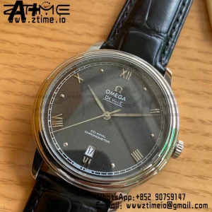 OMEGA De Ville Prestige 39.5mm SS A+F 1:1 Best Edition Black Granular Dial Silver Markers on Black Leather Strap A2500 - Super Clone Watch | 1:1 Best Version