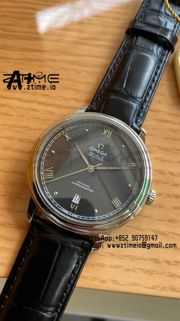 OMEGA De Ville Prestige 39.5mm SS A+F 1:1 Best Edition Black Granular Dial Silver Markers on Black Leather Strap A2500 - Super Clone Watch | 1:1 Best Version