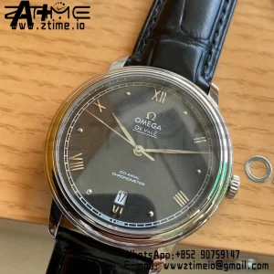 OMEGA De Ville Prestige 39.5mm SS A+F 1:1 Best Edition Black Granular Dial Silver Markers on Black Leather Strap A2500 - Super Clone Watch | 1:1 Best Version