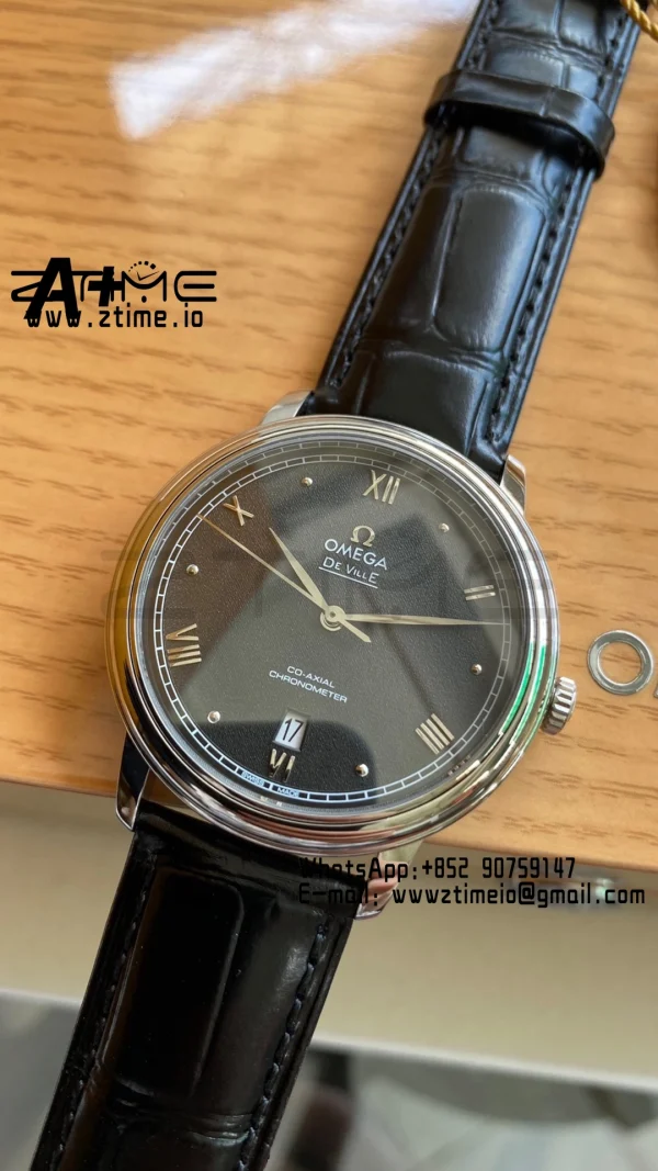 OMEGA De Ville Prestige 39.5mm SS A+F 1:1 Best Edition Black Granular Dial Silver Markers on Black Leather Strap A2500 - Super Clone Watch | 1:1 Best Version