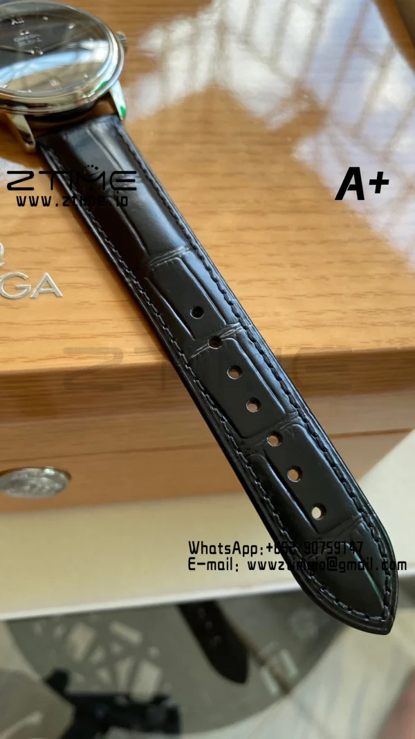 OMEGA De Ville Prestige 39.5mm SS A+F 1:1 Best Edition Black Granular Dial Silver Markers on Black Leather Strap A2500 - Super Clone Watch | 1:1 Best Version
