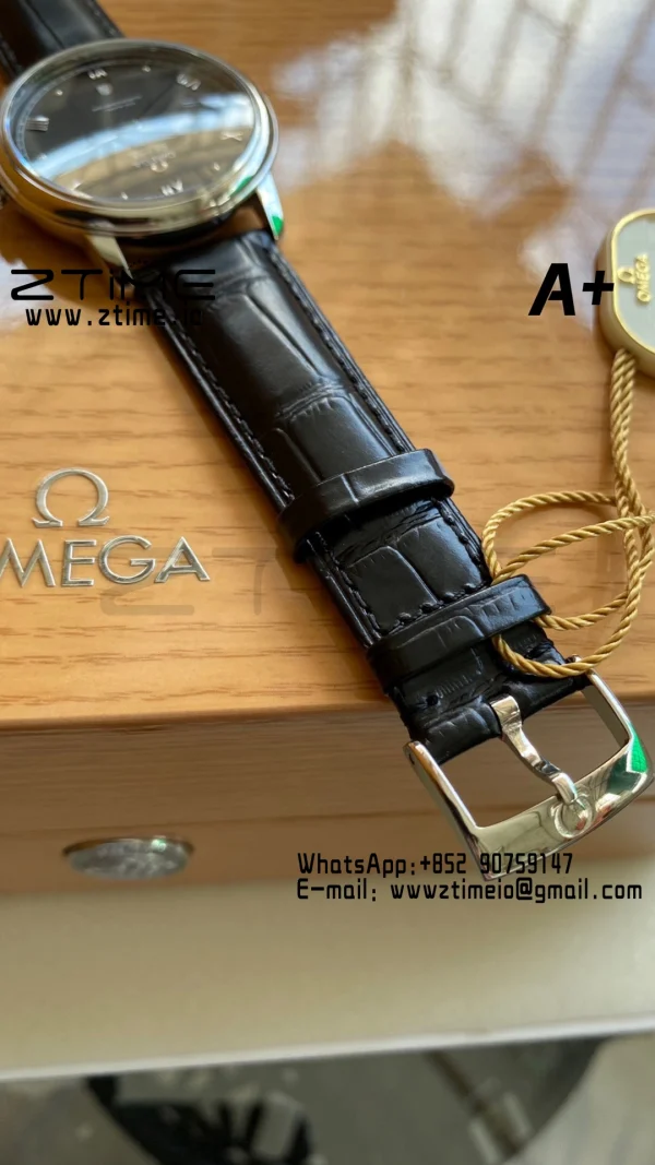 OMEGA De Ville Prestige 39.5mm SS A+F 1:1 Best Edition Black Granular Dial Silver Markers on Black Leather Strap A2500 - Super Clone Watch | 1:1 Best Version