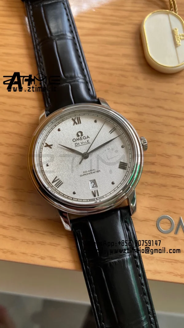 OMEGA De Ville Prestige 39.5mm SS A+F 1:1 Best Edition White Granular Dial Silver Markers on Black Leather Strap A2500 - Super Clone Watch | 1:1 Best Version