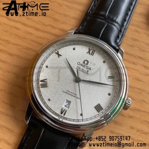 OMEGA De Ville Prestige 39.5mm SS A+F 1:1 Best Edition White Granular Dial Silver Markers on Black Leather Strap A2500 - Super Clone Watch | 1:1 Best Version