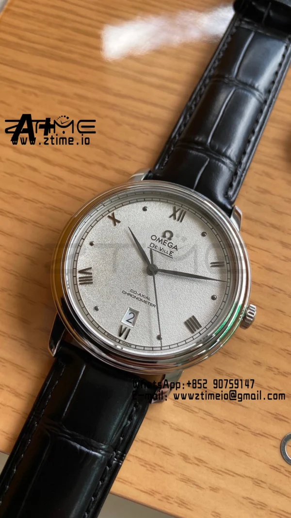 OMEGA De Ville Prestige 39.5mm SS A+F 1:1 Best Edition White Granular Dial Silver Markers on Black Leather Strap A2500 - Super Clone Watch | 1:1 Best Version