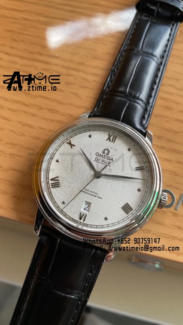OMEGA De Ville Prestige 39.5mm SS A+F 1:1 Best Edition White Granular Dial Silver Markers on Black Leather Strap A2500 - Super Clone Watch | 1:1 Best Version