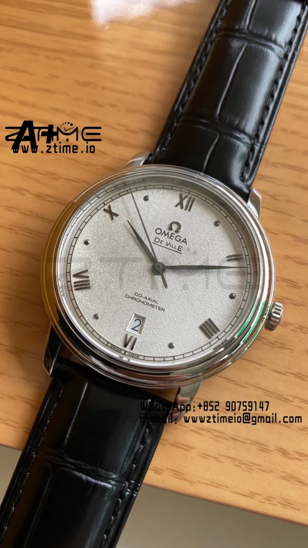 OMEGA De Ville Prestige 39.5mm SS A+F 1:1 Best Edition White Granular Dial Silver Markers on Black Leather Strap A2500 - Super Clone Watch | 1:1 Best Version