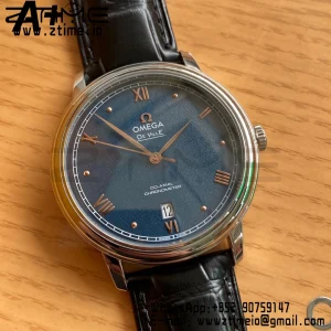OMEGA De Ville Prestige 39.5mm SS A+F 1:1 Best Edition Blue Granular Dial RG Markers on Black Leather Strap A2500 - Super Clone Watch | 1:1 Best Version