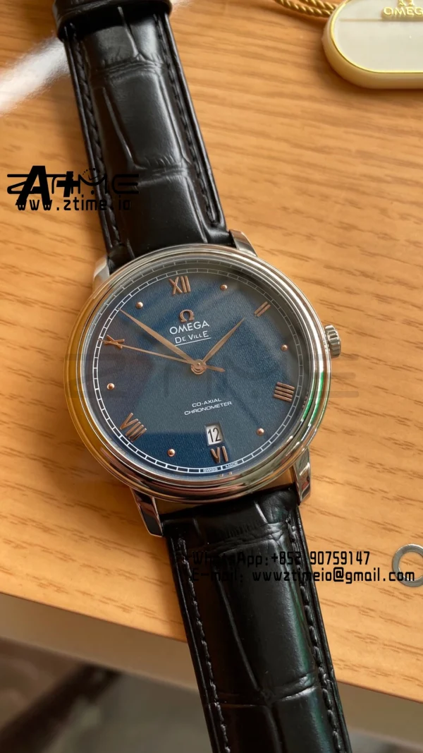 OMEGA De Ville Prestige 39.5mm SS A+F 1:1 Best Edition Blue Granular Dial RG Markers on Black Leather Strap A2500 - Super Clone Watch | 1:1 Best Version