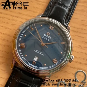 OMEGA De Ville Prestige 39.5mm SS A+F 1:1 Best Edition Blue Granular Dial RG Markers on Black Leather Strap A2500 - Super Clone Watch | 1:1 Best Version