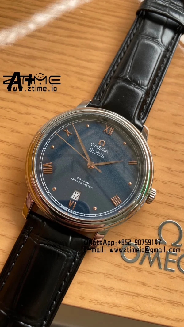 OMEGA De Ville Prestige 39.5mm SS A+F 1:1 Best Edition Blue Granular Dial RG Markers on Black Leather Strap A2500 - Super Clone Watch | 1:1 Best Version