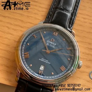 OMEGA De Ville Prestige 39.5mm SS A+F 1:1 Best Edition Blue Granular Dial RG Markers on Black Leather Strap A2500 - Super Clone Watch | 1:1 Best Version