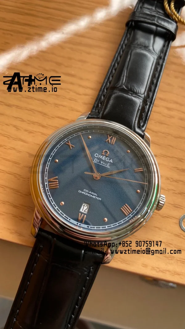 OMEGA De Ville Prestige 39.5mm SS A+F 1:1 Best Edition Blue Granular Dial RG Markers on Black Leather Strap A2500 - Super Clone Watch | 1:1 Best Version
