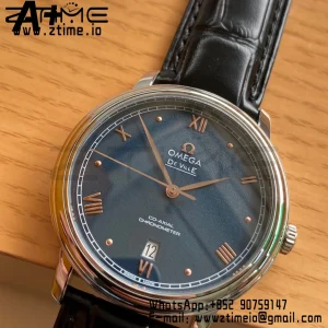 OMEGA De Ville Prestige 39.5mm SS A+F 1:1 Best Edition Blue Granular Dial RG Markers on Black Leather Strap A2500 - Super Clone Watch | 1:1 Best Version