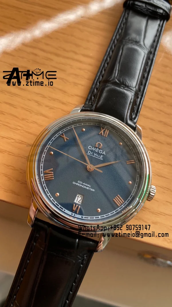 OMEGA De Ville Prestige 39.5mm SS A+F 1:1 Best Edition Blue Granular Dial RG Markers on Black Leather Strap A2500 - Super Clone Watch | 1:1 Best Version