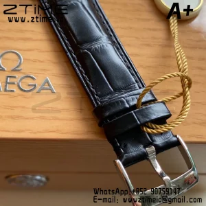 OMEGA De Ville Prestige 39.5mm SS A+F 1:1 Best Edition Blue Granular Dial RG Markers on Black Leather Strap A2500 - Super Clone Watch | 1:1 Best Version