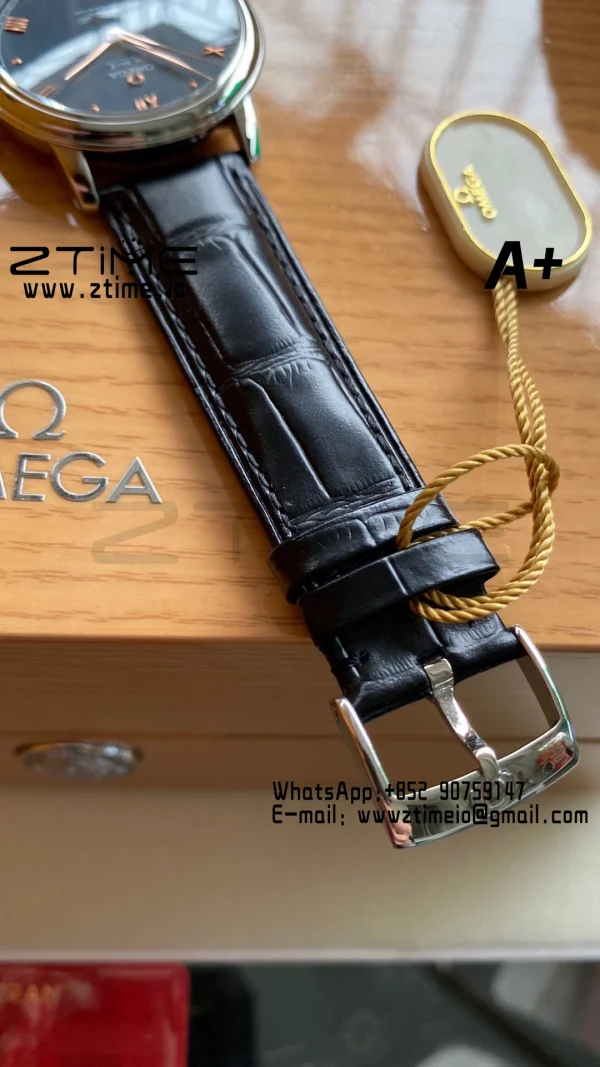 OMEGA De Ville Prestige 39.5mm SS A+F 1:1 Best Edition Blue Granular Dial RG Markers on Black Leather Strap A2500 - Super Clone Watch | 1:1 Best Version