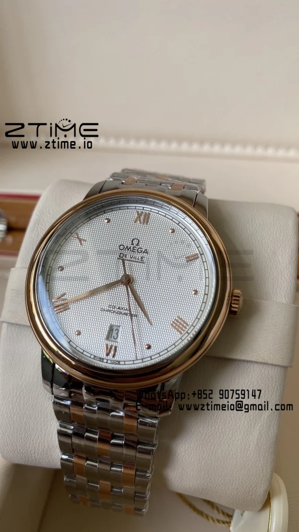 OMEGA De Ville Prestige 39.5mm RG/SS A+F 1:1 Best Edition White Granular Dial RG Markers on Stainless Steel Strap A2500 - Super Clone Watch | 1:1 Best Version