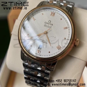 OMEGA De Ville Prestige 39.5mm RG/SS A+F 1:1 Best Edition White Granular Dial RG Markers on Stainless Steel Strap A2500 - Super Clone Watch | 1:1 Best Version