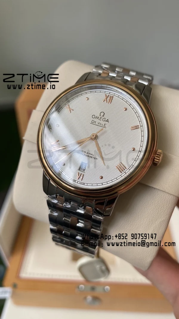 OMEGA De Ville Prestige 39.5mm RG/SS A+F 1:1 Best Edition White Granular Dial RG Markers on Stainless Steel Strap A2500 - Super Clone Watch | 1:1 Best Version