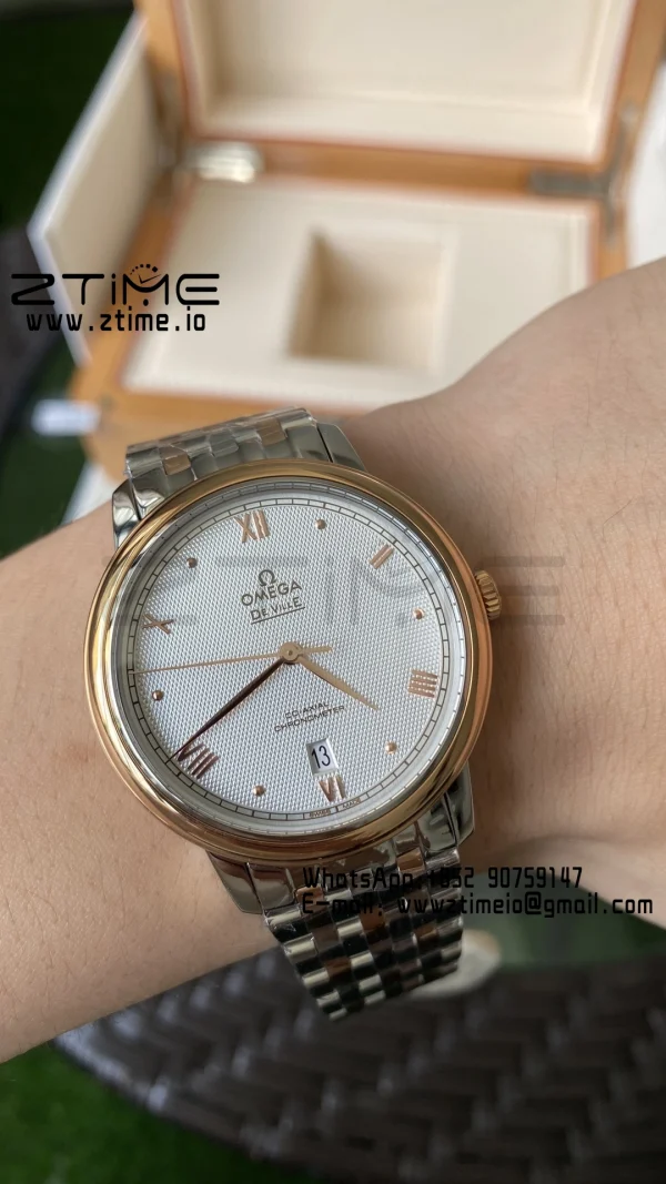 OMEGA De Ville Prestige 39.5mm RG/SS A+F 1:1 Best Edition White Granular Dial RG Markers on Stainless Steel Strap A2500 - Super Clone Watch | 1:1 Best Version