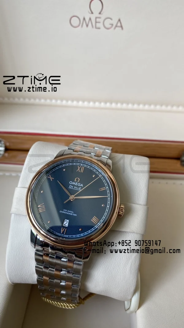 OMEGA De Ville Prestige 39.5mm RG/SS A+F 1:1 Best Edition Blue Granular Dial RG Markers on Stainless Steel Strap A2500 - Super Clone Watch | 1:1 Best Version