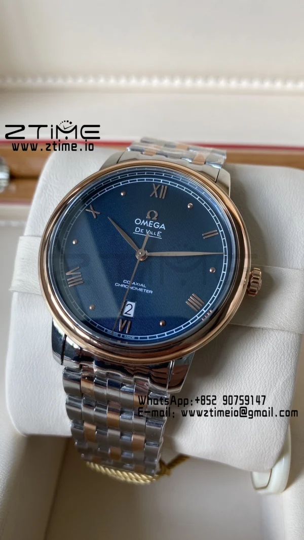 OMEGA De Ville Prestige 39.5mm RG/SS A+F 1:1 Best Edition Blue Granular Dial RG Markers on Stainless Steel Strap A2500 - Super Clone Watch | 1:1 Best Version