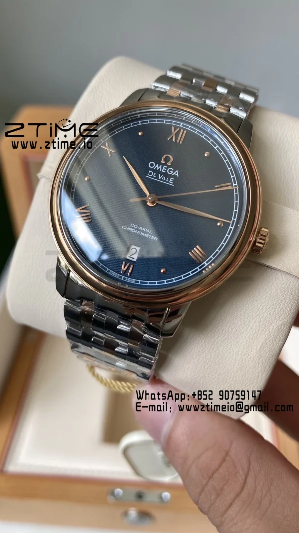 OMEGA De Ville Prestige 39.5mm RG/SS A+F 1:1 Best Edition Blue Granular Dial RG Markers on Stainless Steel Strap A2500 - Super Clone Watch | 1:1 Best Version
