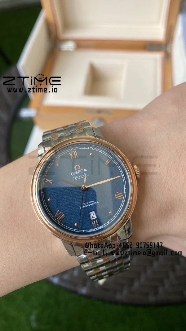 OMEGA De Ville Prestige 39.5mm RG/SS A+F 1:1 Best Edition Blue Granular Dial RG Markers on Stainless Steel Strap A2500 - Super Clone Watch | 1:1 Best Version