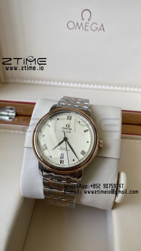 OMEGA De Ville Prestige 39.5mm RG/SS A+F 1:1 Best Edition Yellow Granular Dial RG Markers on Stainless Steel Strap A2500 - Super Clone Watch | 1:1 Best Version