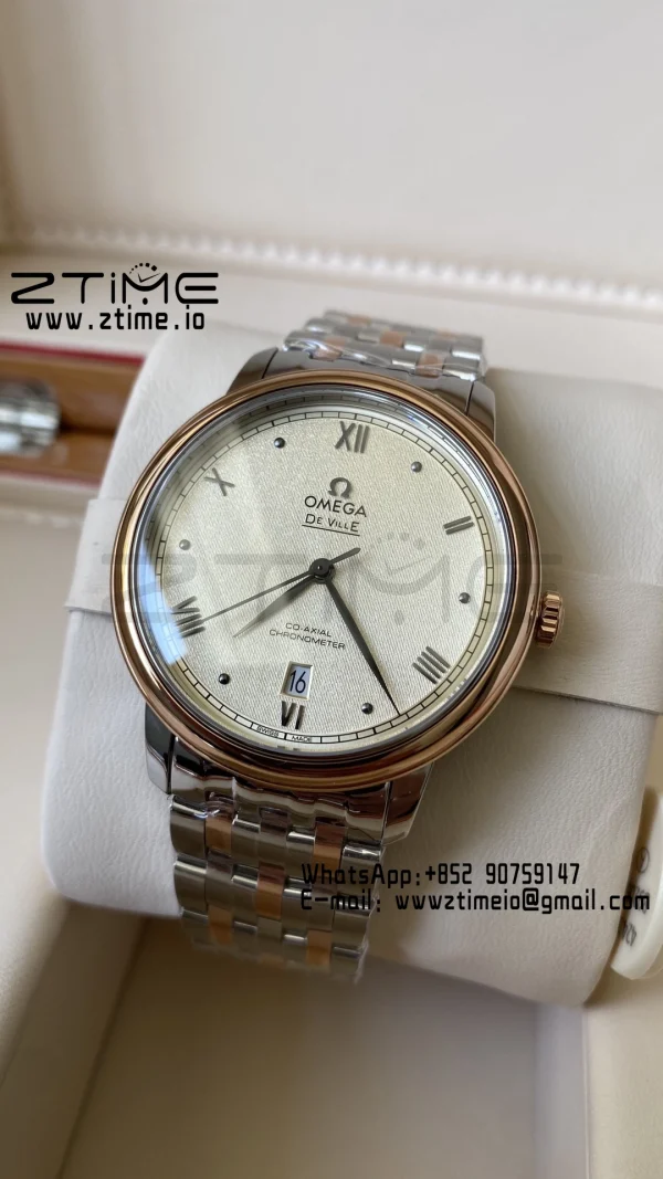 OMEGA De Ville Prestige 39.5mm RG/SS A+F 1:1 Best Edition Yellow Granular Dial RG Markers on Stainless Steel Strap A2500 - Super Clone Watch | 1:1 Best Version