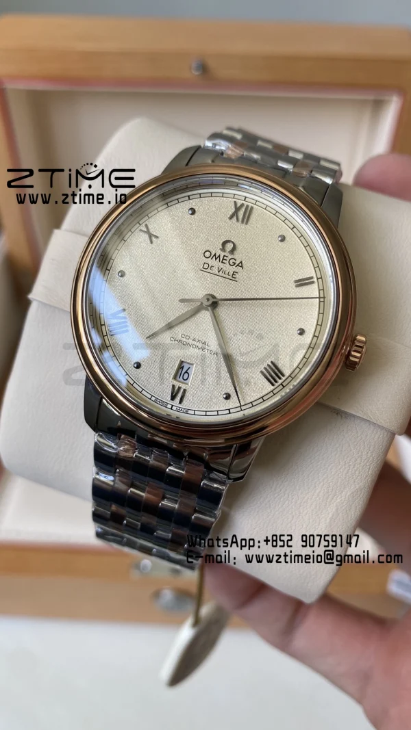 OMEGA De Ville Prestige 39.5mm RG/SS A+F 1:1 Best Edition Yellow Granular Dial RG Markers on Stainless Steel Strap A2500 - Super Clone Watch | 1:1 Best Version