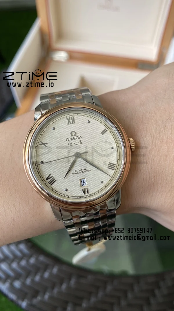 OMEGA De Ville Prestige 39.5mm RG/SS A+F 1:1 Best Edition Yellow Granular Dial RG Markers on Stainless Steel Strap A2500 - Super Clone Watch | 1:1 Best Version
