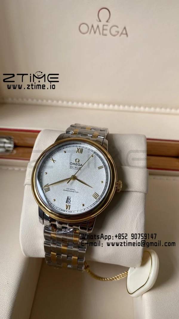 OMEGA De Ville Prestige 39.5mm YG/SS A+F 1:1 Best Edition White Granular Dial YG Markers on Stainless Steel Strap A2500 - Super Clone Watch | 1:1 Best Version