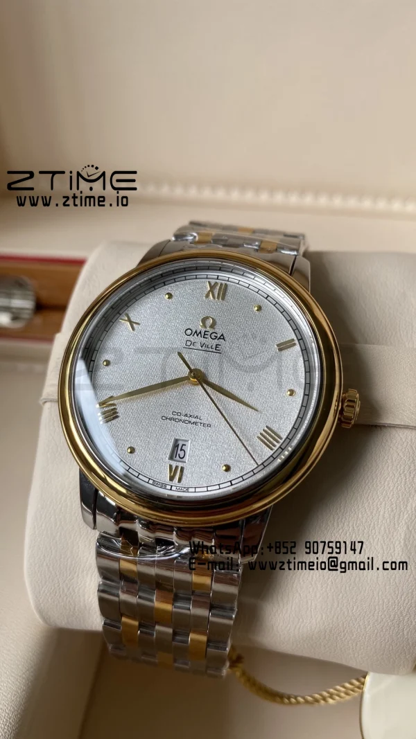 OMEGA De Ville Prestige 39.5mm YG/SS A+F 1:1 Best Edition White Granular Dial YG Markers on Stainless Steel Strap A2500 - Super Clone Watch | 1:1 Best Version