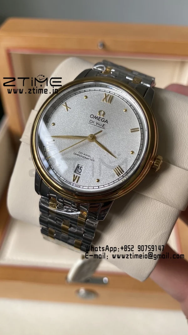 OMEGA De Ville Prestige 39.5mm YG/SS A+F 1:1 Best Edition White Granular Dial YG Markers on Stainless Steel Strap A2500 - Super Clone Watch | 1:1 Best Version