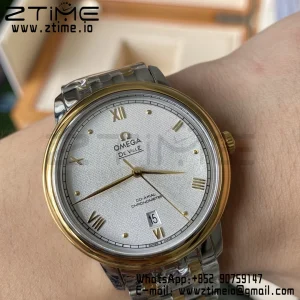 OMEGA De Ville Prestige 39.5mm YG/SS A+F 1:1 Best Edition White Granular Dial YG Markers on Stainless Steel Strap A2500 - Super Clone Watch | 1:1 Best Version