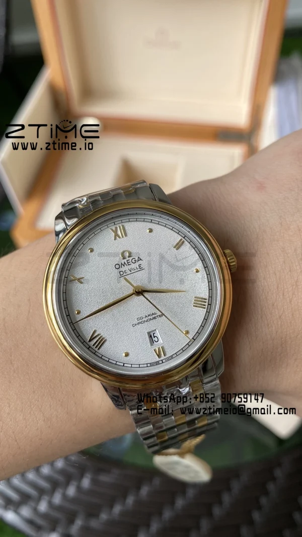 OMEGA De Ville Prestige 39.5mm YG/SS A+F 1:1 Best Edition White Granular Dial YG Markers on Stainless Steel Strap A2500 - Super Clone Watch | 1:1 Best Version